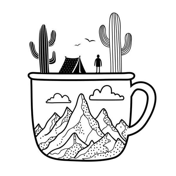 Illustrazione vettoriale con coppa da trekking, cactus, tenda turistica, montagne, uccelli, nuvole e silhouette umana — Vettoriale Stock