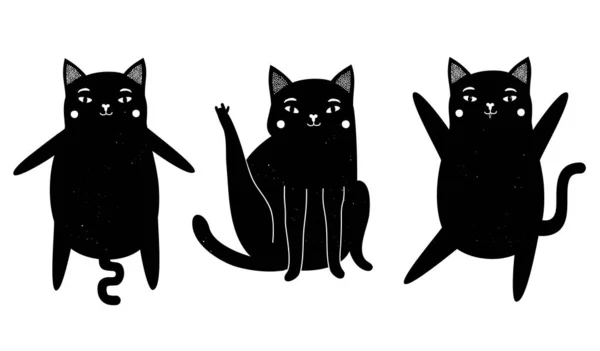 Ilustração vetorial com gatos pretos. Coleção de animais bonito com textura vintage — Vetor de Stock