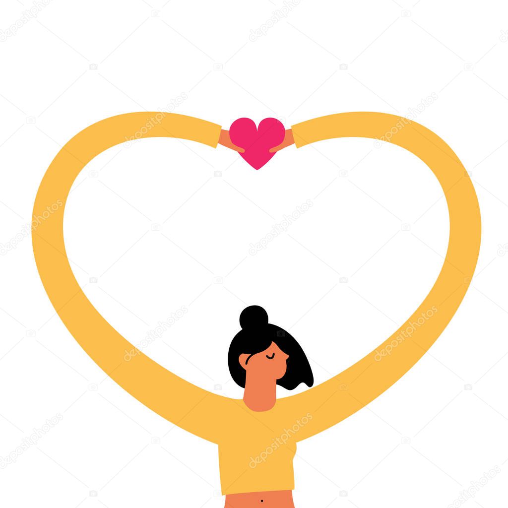 Vector illustration with young woman holding pink heart. Love who you are and love yourself concept art.