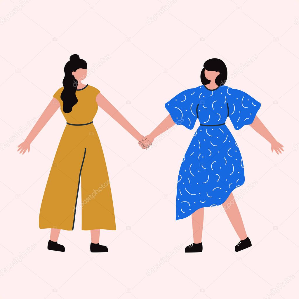 Vector illistration with women or girls standing together and holding hands.