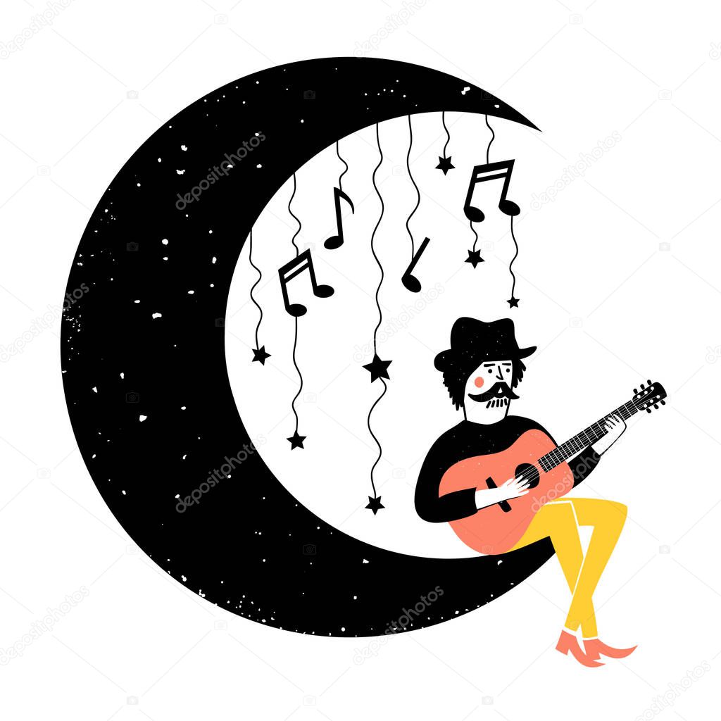 Vector illustration with musician, acoustic guitar, stars, crescent with grunge dots and musical notes