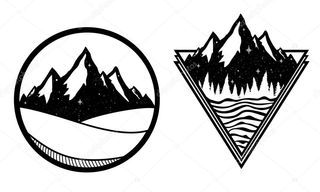 Vector set with mountain labels. Triangle and circle logotype templates with stars, grunge dots and pine forest