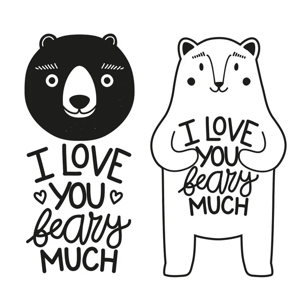 Ilustração Vetorial Com Ursos Pretos Brancos Texto Lettering Amo Beary — Vetor de Stock
