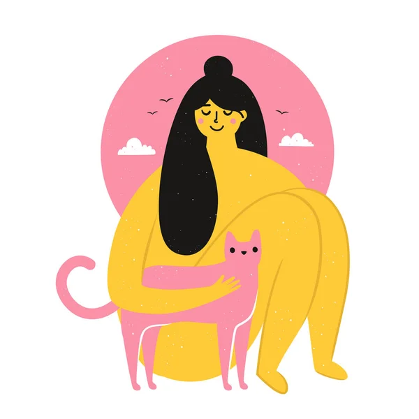 Ilustração Vetorial Com Bonito Size Preto Cabelo Menina Abraça Gato — Vetor de Stock