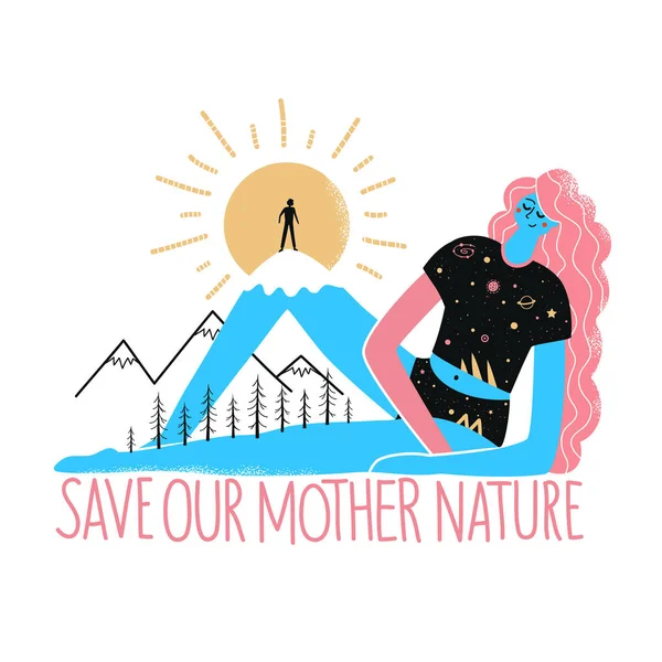 拯救我们的母亲自然字母海报 女人粉红色的长发和男人剪影在她的山腿 黄色的太阳 星星和行星 — 图库矢量图片