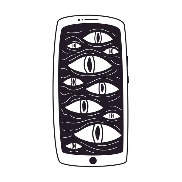 Ilustracja Wektorowa Telefonem Komórkowym Oczami Sztuka Koncepcyjna Big Data Szpiegostwo — Wektor stockowy