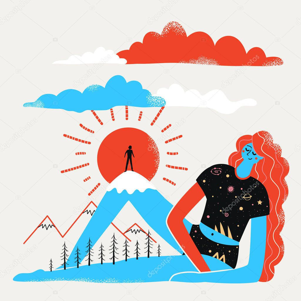 Vector illustration of mother nature, mountains, pine forest, clouds, sun and man silhouette. Woman is like a mountain, or mountain is like a woman.