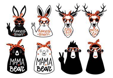 Komik siyah, kırmızı ve beyaz tipografi seti, giyim baskısı dizayn şablonları