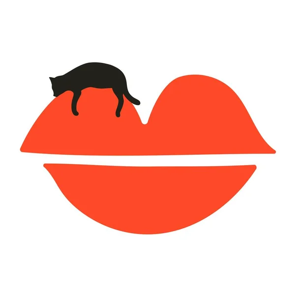 用抽象的女人嘴唇用红色口红和黑色猫的轮廓描绘矢量 有嘴巴和家养宠物的时髦平面设计 家居装饰海报 — 图库矢量图片