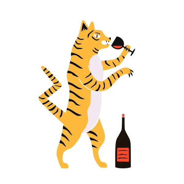 用酒杯 酒和瓶子喝红葡萄酒老虎的病媒图解 带有野生动物和酒精的流行印花设计 粗糙质感的家居装饰海报模板 — 图库矢量图片