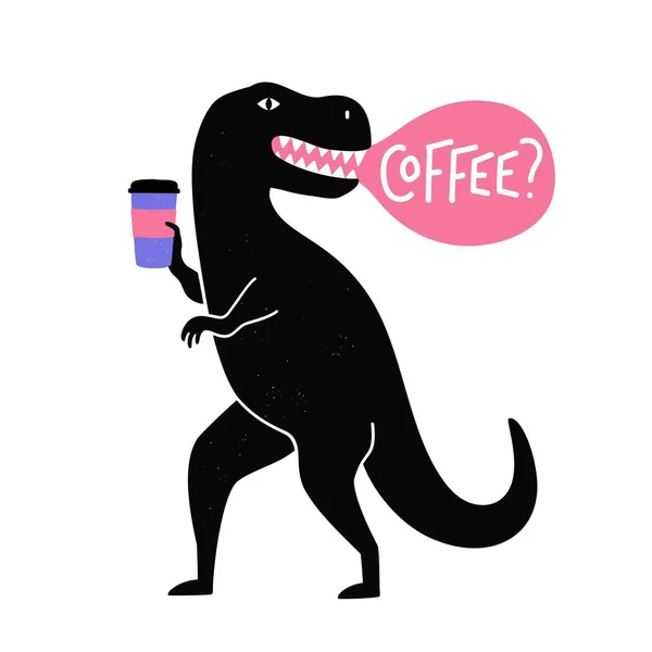 Ilustrație Vectorială Tiranozaur Negru Care Deține Cafea Pentru Merge Ceașcă — Vector de stoc