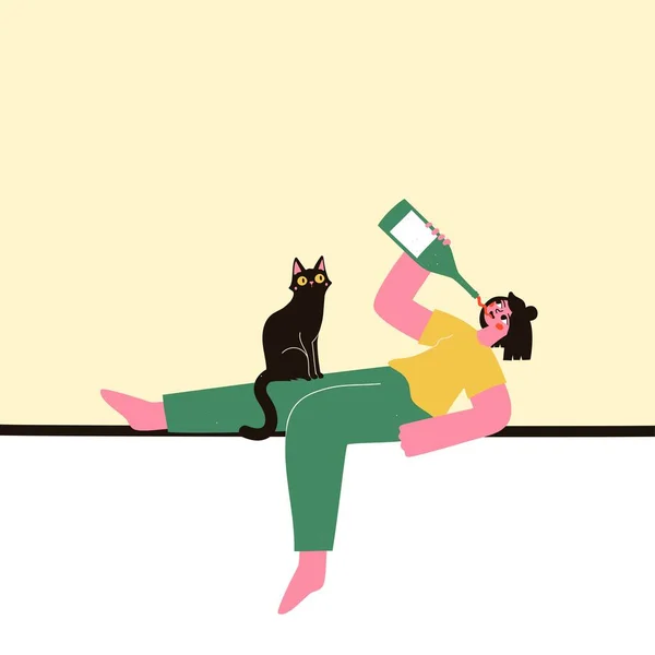Vector Illustration Woman Drinking Red Wine Green Bottle Sitting Black — Stock Vector