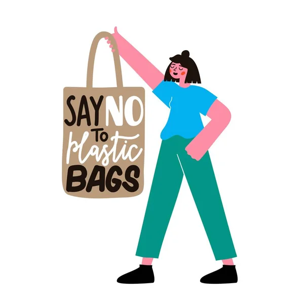 Ilustración Vectorial Con Niña Sosteniendo Bolsa Tela Frase Letras Dile — Vector de stock