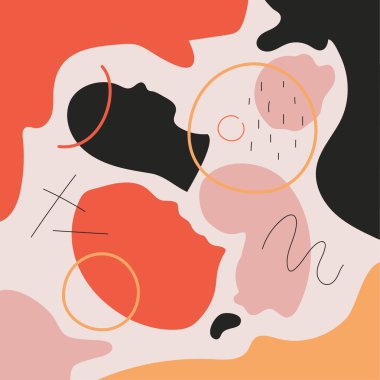 Renkli desenli ve karalama elementli vektör arkaplanı. Çizgileri, noktaları ve daireleri olan moda baskı tasarımı