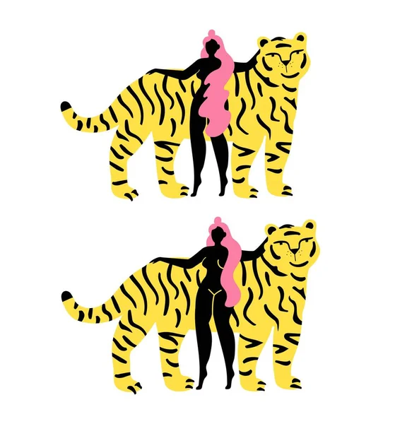 Ilustración Vectorial Con Joven Mujer Pelo Largo Divertido Tigre Rayado — Vector de stock