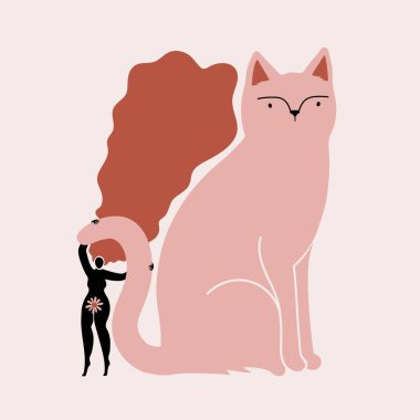 Uzun saçlı kadın ve kediyle soyut vektör çizimi. Evcil hayvanlı moda kadın baskı tasarımı, ev dekorasyonu posteri, kolaj minimal grafik sanat