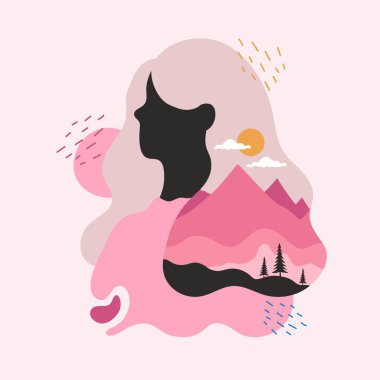 Kadın portresi olan soyut vektör çizimi, manzara ve siyah ağaçlar olmalı. Modern moda kadın minimal baskı tasarımı, kolaj grafik sanatı