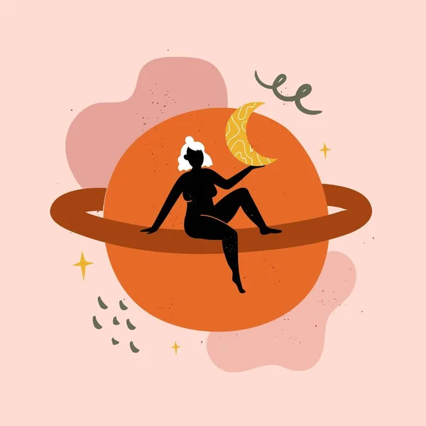 Ilustração Vetorial Com Mulher Sentada Planeta Saturno Segurando Lua Amarela —  Vetores de Stock