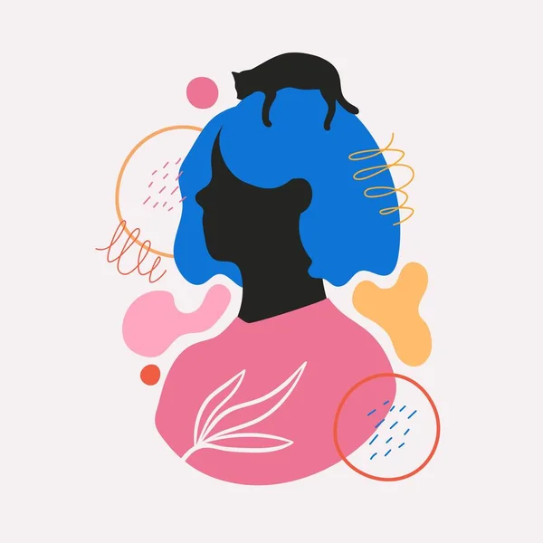 摘要用蓝发妇女肖像 黑猫轮廓和极小的涂鸦元素进行矢量图解 现代时尚女性平面设计 拼图艺术 家居装饰海报 — 图库矢量图片