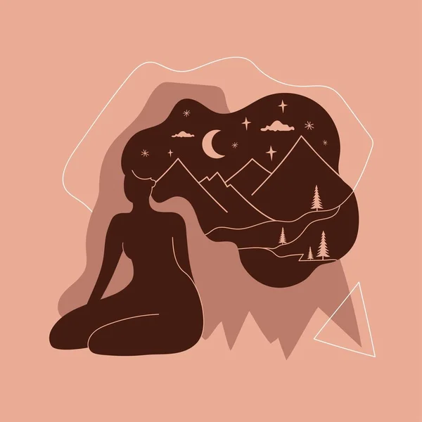 Illustration Vectorielle Abstraite Avec Silhouette Femme Aux Cheveux Longs Paysage — Image vectorielle