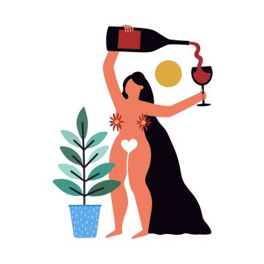 Uzun saçlı kadın, yeşil bitki ve camlı şarap şişesi olan vektör çizimi. Komik baskı tasarımı, ev dekorasyonu posteri.