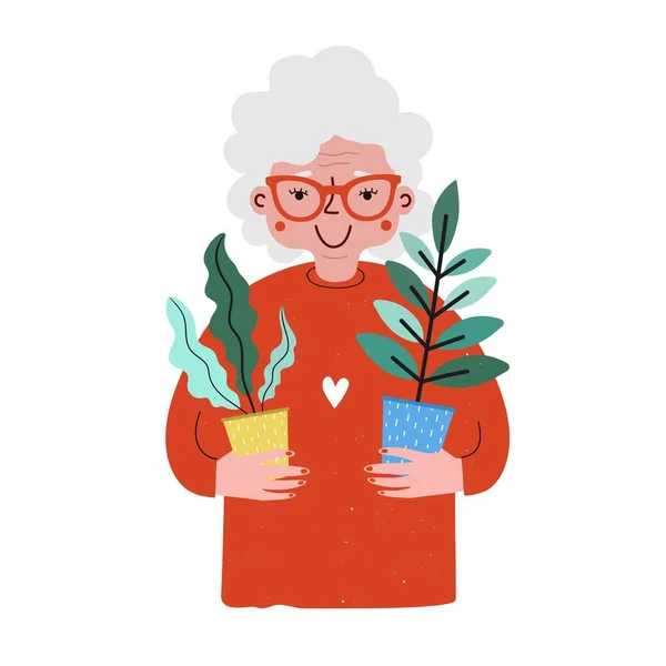 Весела Стара Жінка Тримає Зелені Рослини Плоска Векторна Ілюстрація Усміхненою — стоковий вектор