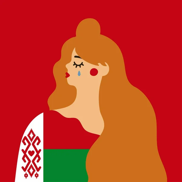 病媒的图片 哭泣的长发女人在衣服上的饰物 Belarus旗 白俄罗斯抗议反对派 暴力受害者概念艺术 — 图库矢量图片