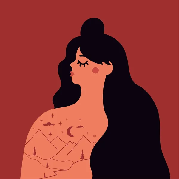 Illustration Vectorielle Avec Portrait Femme Aux Cheveux Longs Paysage Montagne — Image vectorielle