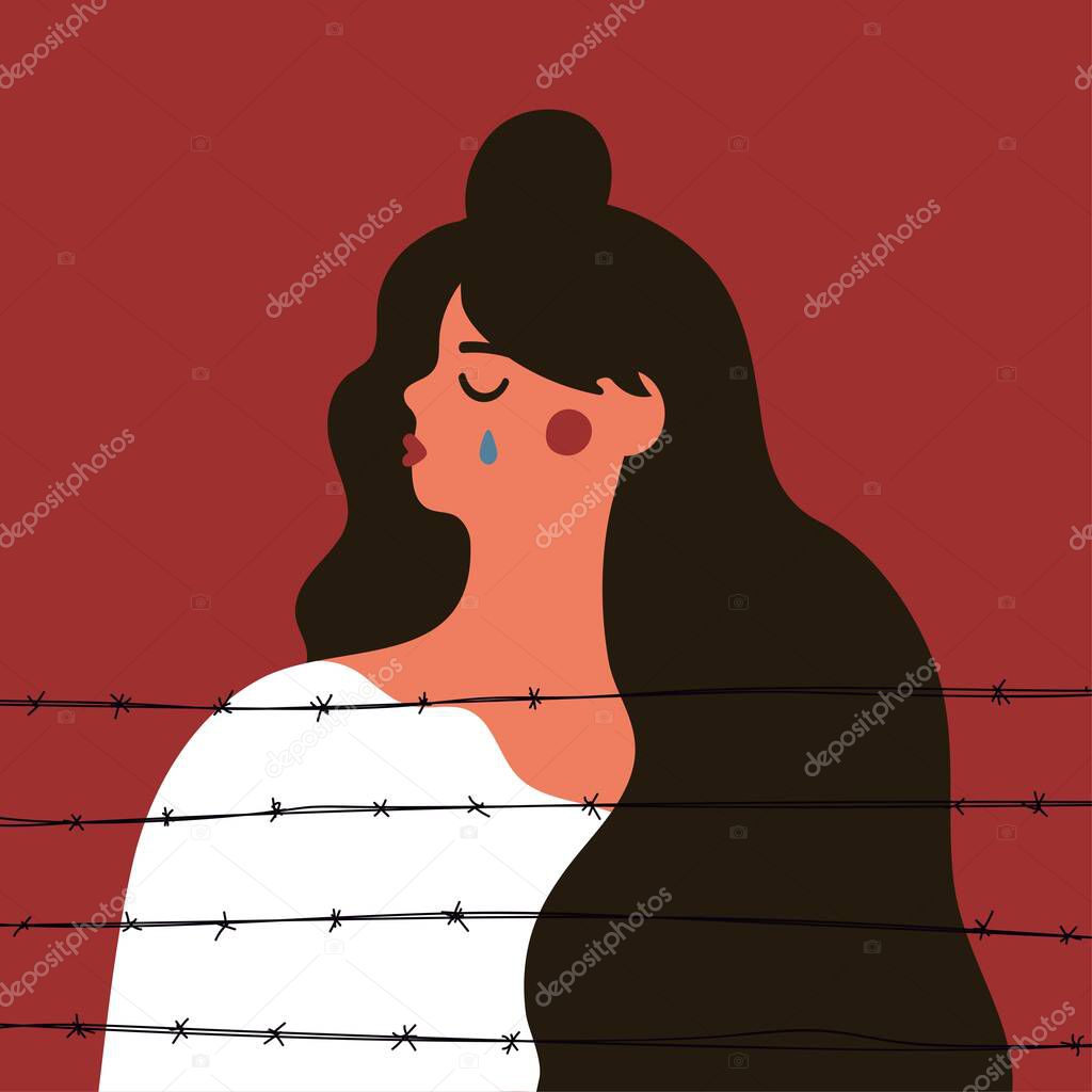Vector illustration of crying long hair woman in white clothes behind the barbed wire. Victims of violence, injustice, confinement, prison concept art
