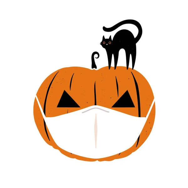 Halloween 2020 Cartão Saudação Com Gato Preto Laranja Abóbora Máscara — Vetor de Stock