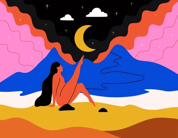 Wektor Ilustracji Długich Włosów Kobieta Niebieskie Góry Ciemne Niebo Księżycem — Wektor stockowy