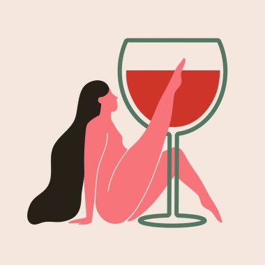 Uzun saçlı kadın ve büyük bir bardak kırmızı şarapla vektör çizimi. Soyut baskı tasarımı, ev dekorasyonu posteri