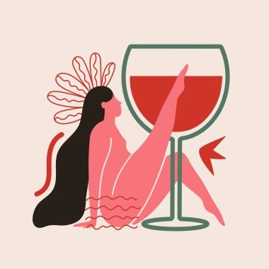 Uzun saçlı kadın ve büyük bir bardak kırmızı şarapla vektör çizimi. Karalama elementli modern soyut baskı tasarımı. 