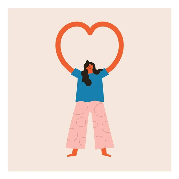 Εικονογράφηση Διάνυσμα Γυναίκα Που Δείχνει Σχήμα Καρδιάς Χέρια Εμπνευσμένη Και — Διανυσματικό Αρχείο