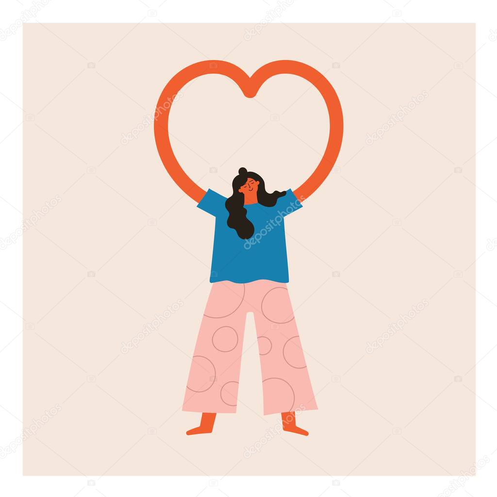 Vector illustration with woman showing heart shape by hands. Inspirational and motivational female vector illustration, peaceful lifestyle and self care concept art, greeting card template