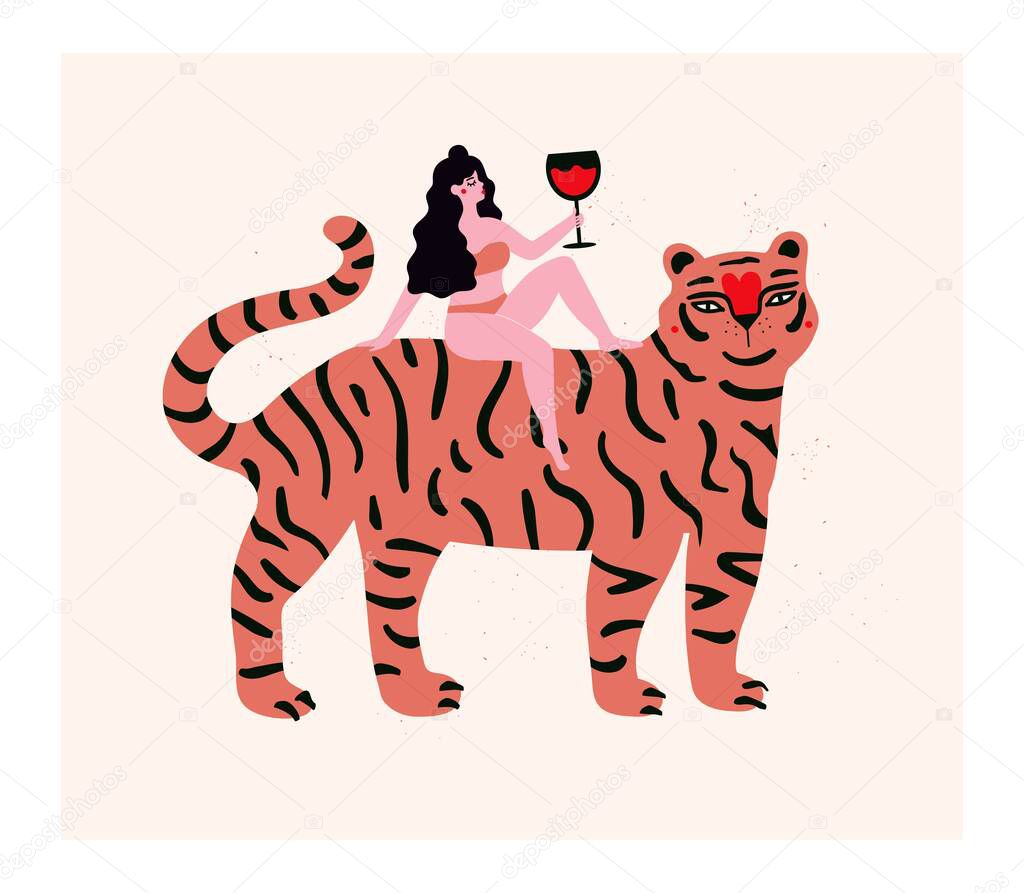 Vector illustration with tiger and woman with black glass of red wine. Trendy print design with wild animal