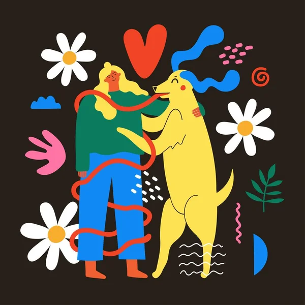 長い髪の女性とベクトルイラスト ドアの花の要素とかわいい長い舌の犬 女の子と国内の動物のダンスと一緒に抱擁でかわいいと面白いプリントデザイン トレンディフラット Print — ストックベクタ