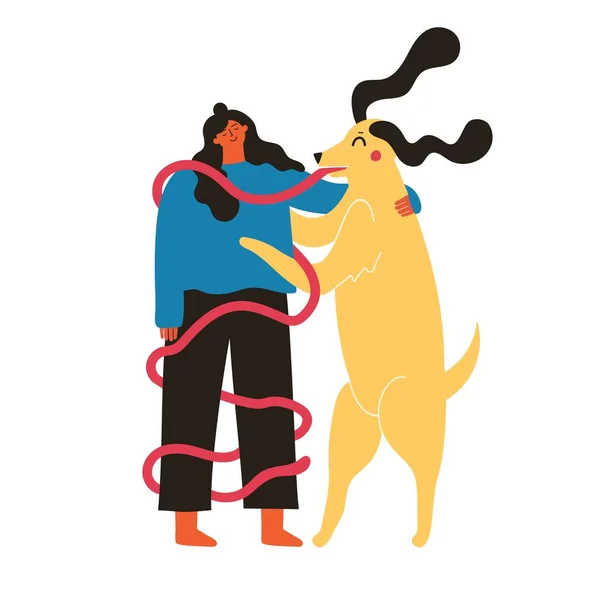 Ilustración Vectorial Con Mujer Pelo Largo Lindo Perro Lengua Larga — Archivo Imágenes Vectoriales