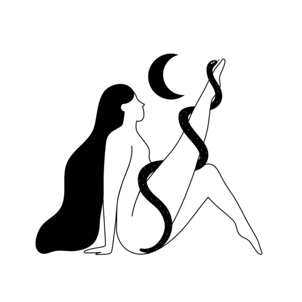 Ilustración Vectorial Con Mujer Pelo Largo Serpiente Negra Luna Joven — Vector de stock