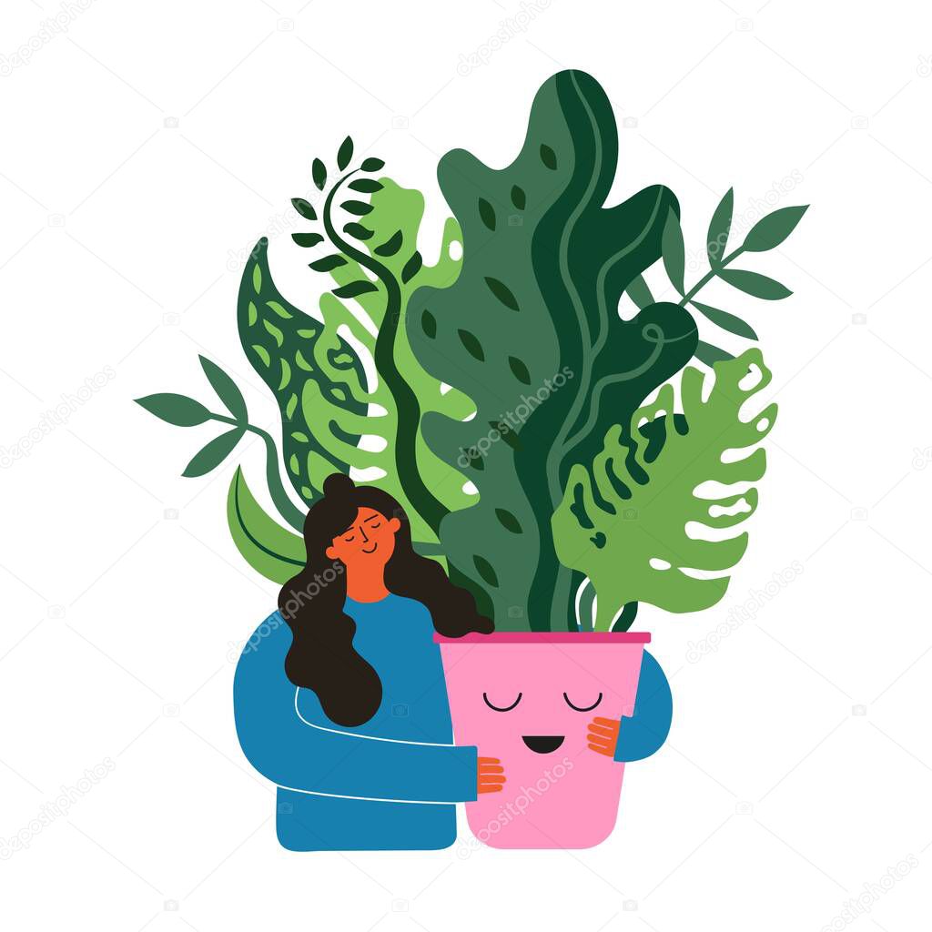 Vector illustration with long hair happy woman and big pink smiling flower pot with bouquet of green plants. Trendy flat style gardener print design, greeting card template