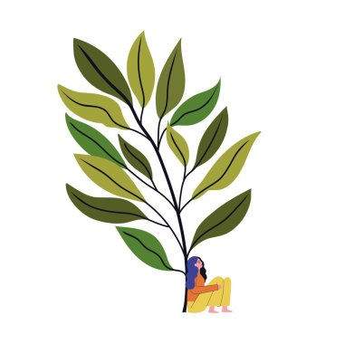 Üzerinde yaprakları olan büyük yeşil bir dalın yanında oturan genç bir kadının vektör çizimi. Bitki ile beyaz arkaplan baskı tasarımı izole