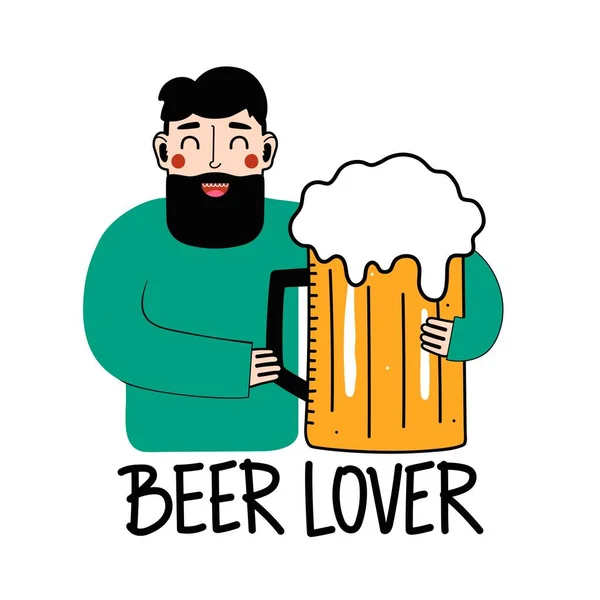 Homem Barbudo Engraçado Com Grande Copo Cerveja Frase Letras Amante —  Vetores de Stock