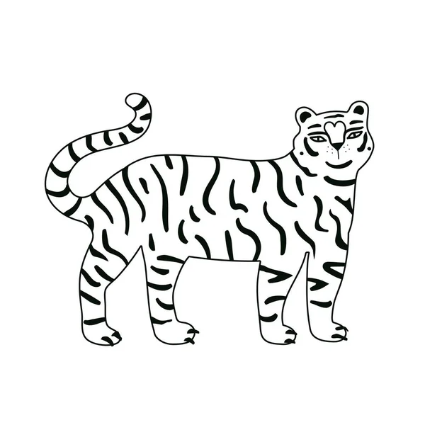 輪郭黒と白の虎とベクトルイラスト 野生動物とトレンディなモノクロプリントデザイン — ストックベクタ