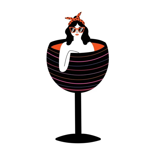 女性在红酒杯中的矢量图解 时尚风趣的服装印花设计 彩色装饰招贴画 — 图库矢量图片
