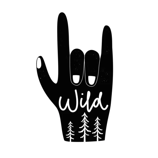 Ilustración Vectorial Con Mano Mostrando Signo Roca Palabra Letras Wild — Vector de stock