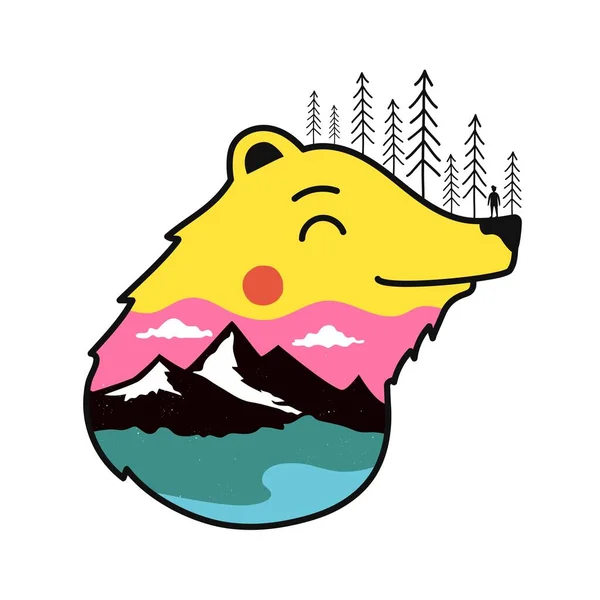 Ilustracja Wektora Głową Niedźwiedzia Kolorowy Krajobraz Górski Sosny Sylwetka Człowieka — Wektor stockowy