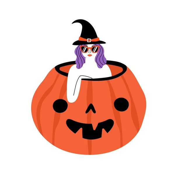 Diseño Divertido Estampado Halloween Con Bruja Pelo Morado Sentada Calabaza — Vector de stock