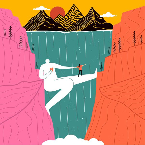 Huge man who acts as bridge for girl across canyon with waterfall. Mountains and sun in background. Concept design of support, love, friendship, psychological help, overcoming fears. Romantic print — Stock Illustration Huge Man Who Acts Bridge Girl Canyon Waterfall Mountains Sun — Stock Vector