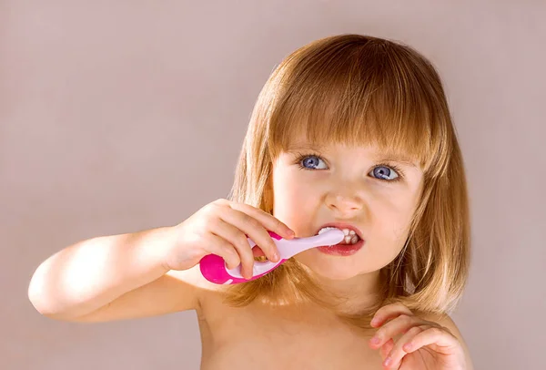 Happy Baby Girl Brushing Her Teeth Oral Hygiene Concept Place Royalty Free Stock Images