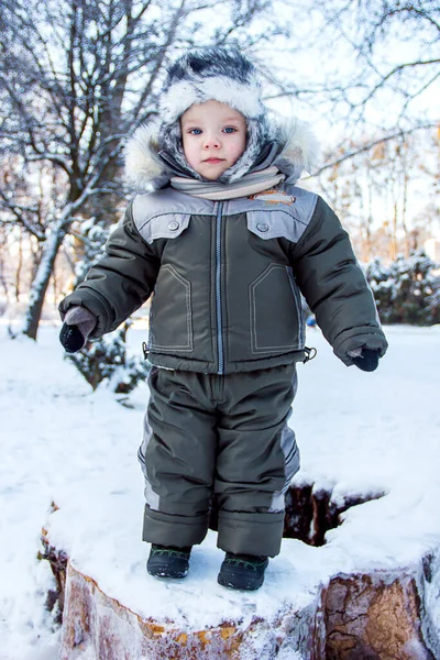 Retrato Niño Ropa Abrigo Invierno Sobre Fondo Primer Plano Parque — Foto de Stock